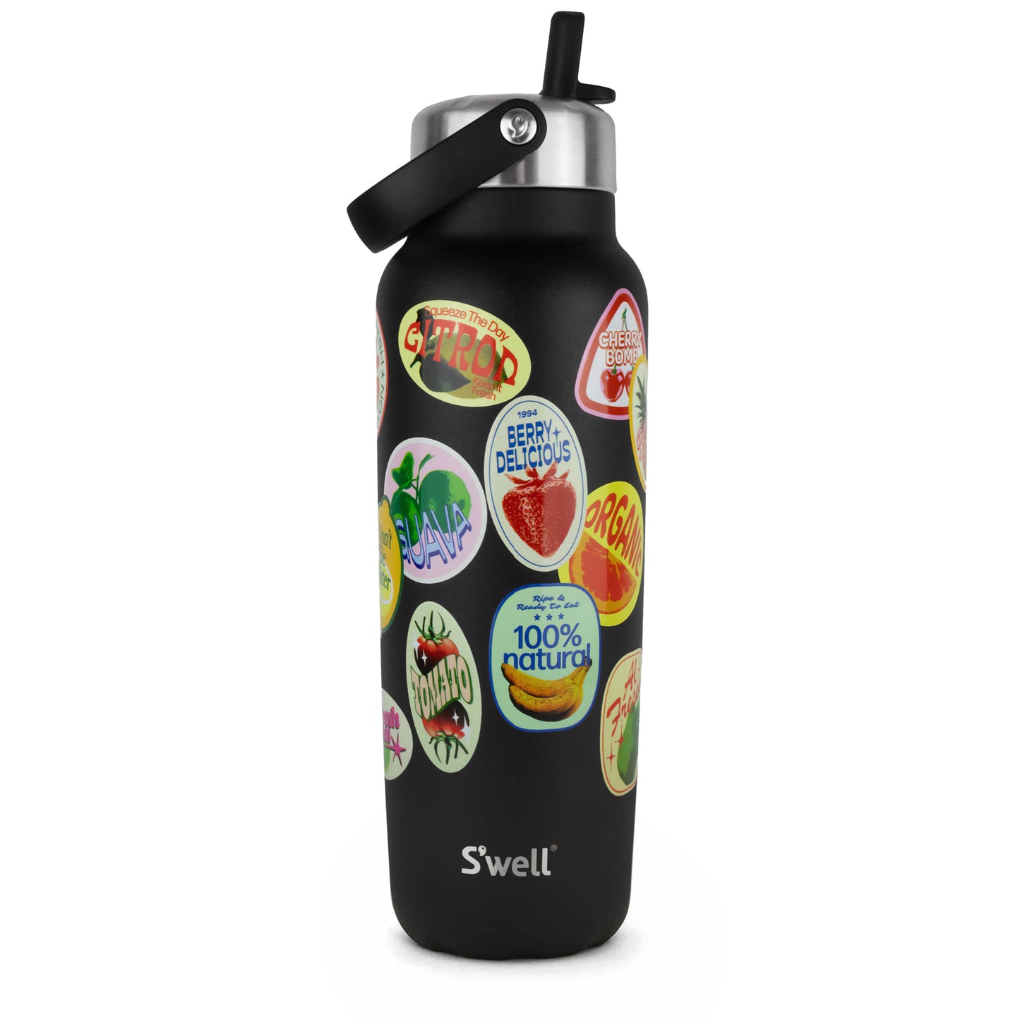 explorer-with-flip-straw-lid-40oz-r3 01_Swell_Fruit_Stand_Stamp_Pattern_Onyx_Black_Front.jpg